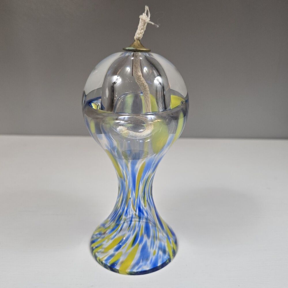 Adam Jablonski Crystal Oil Lamp Rainbow Art Glass Paperweight Blue Yellow Clear